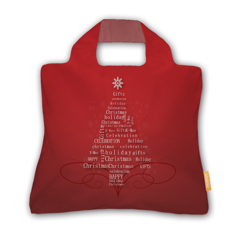 红底英文圣诞树买菜包折叠便携环保购物袋手提单肩布袋可印logo