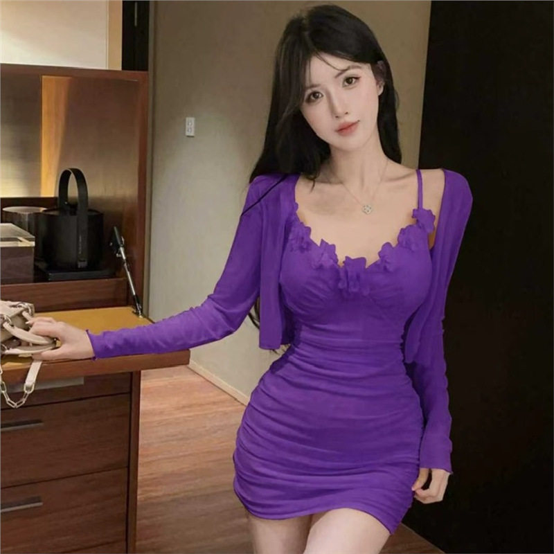 女秋季纯欲性感包臀裙披肩开衫抹胸套装裙子两件套粉色花朵