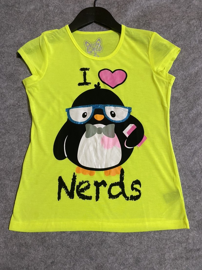 夏季女款荧光色t恤可爱卡通小企鹅短袖t圆领套头打底上衣