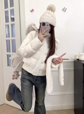 韩系风白色短款羽绒服女连帽毛领保暖面包服小个子显瘦外套藏蓝色