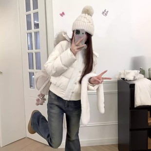 韩系风白色短款羽绒服女连帽毛领保暖面包服小个子显瘦外套藏蓝色