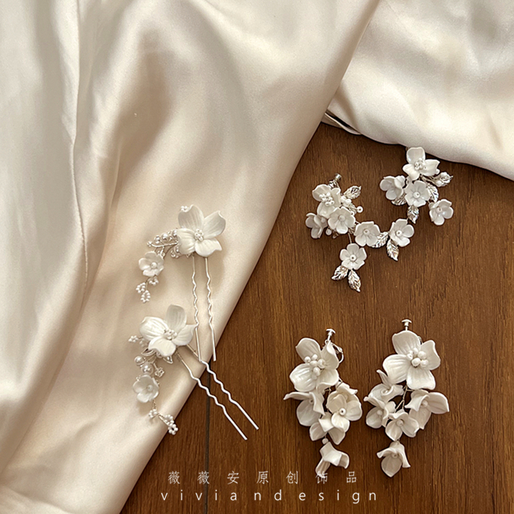 珠光花朵浪漫首饰新娘夸张耳夹发饰配饰发叉发簪唯美陶瓷花朵配饰