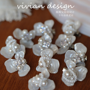 冷清气质光亮精致小发夹贝壳花朵光泽珍珠闪钻发饰新中式摄影配饰