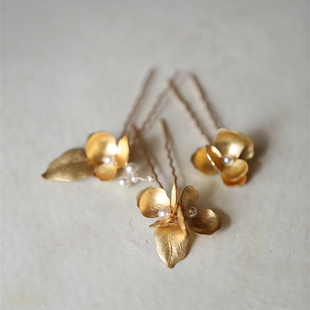 纯铜做旧老铜树叶花朵手工发叉发簪欧美风INS流行头饰新娘配饰