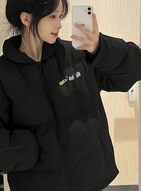 黑色百搭立领羽绒棉服女大童冬季初中高中学生宽松外套面包服棉袄