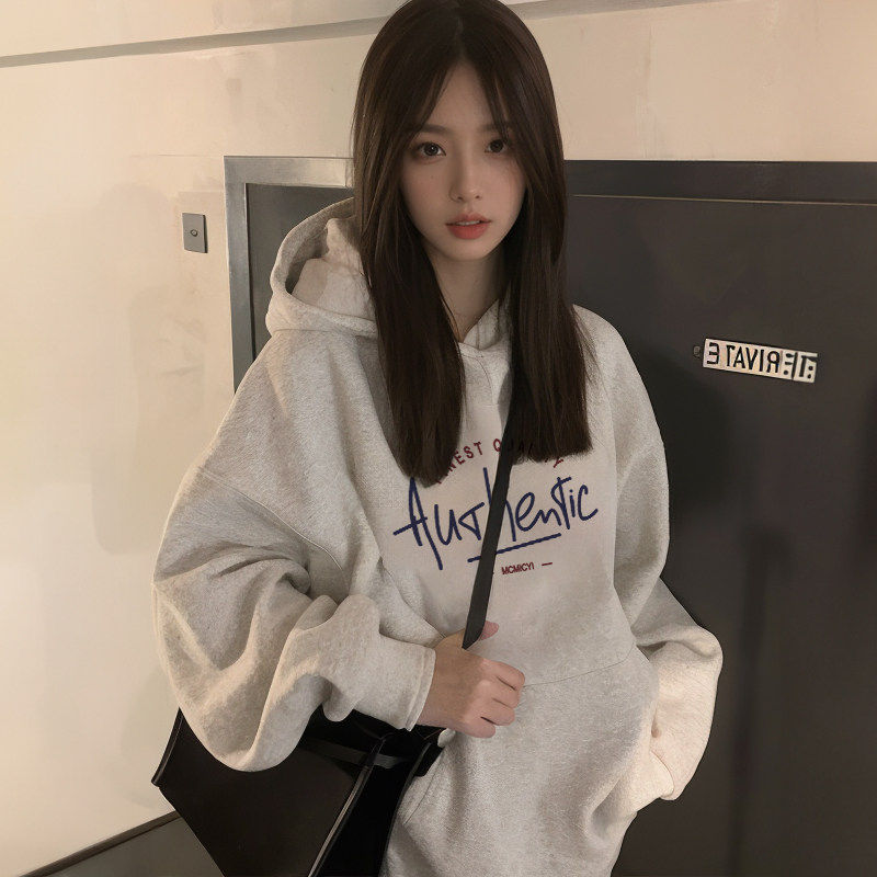 灰色加绒加厚连帽卫衣女外套秋冬季2025新款爆款美式长袖宽松上衣