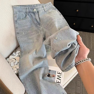 2025新款重工垂感直筒裤子浅色星星烫钻闪亮高腰显瘦阔腿牛仔春季