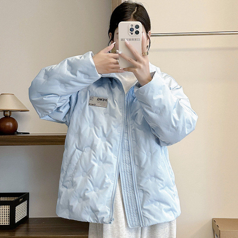 蓝色菱格羽绒服冬季女款2025新款轻薄保暖情侣巨好看国潮显瘦外套