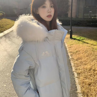 韩系宽松加厚百搭派克服 冬季 奶蓝色毛领连帽羽绒棉服女款 2025新款