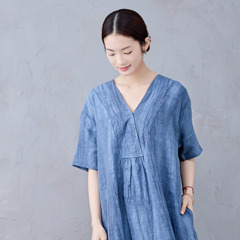 thumbnail for Antique Yunduo 100% linen dress dirty dye holiday robe V-neck embroidery loose large size thin and tall female summer