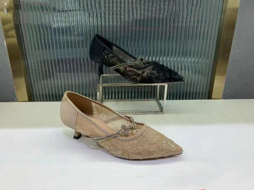 2024夏款 时尚欧范性感蕾丝水钻一字带细中跟尖头真皮单鞋398-9