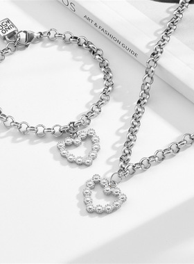 U50手链套装B0链条欧美简约镂空桃心抹油锁头刻字女项链跨境爆款