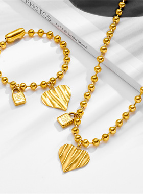 新中式风格U50手链6mm珠链桃心条纹刻字锁头女式 沙金手串