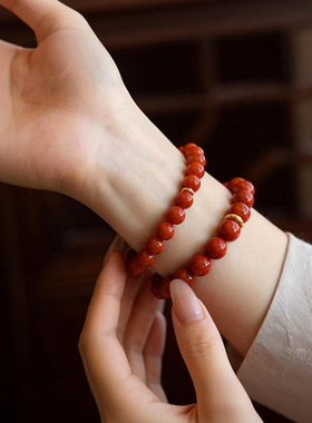 《梵音》正品天然南红玛瑙手串18k金手链女款感红色串珠饰品