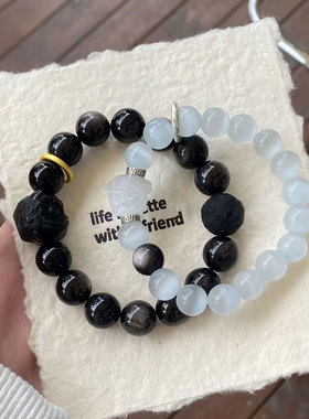 天然银曜石猫眼石水晶手链男女醒狮转运珠jixu情侣手串一对送礼物