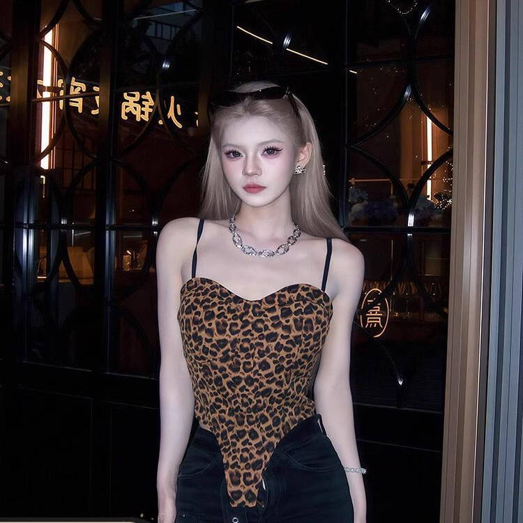 美式辣妹风辣妹套装女2024夏季新款美式豹纹抹胸上衣休闲拽姐穿搭