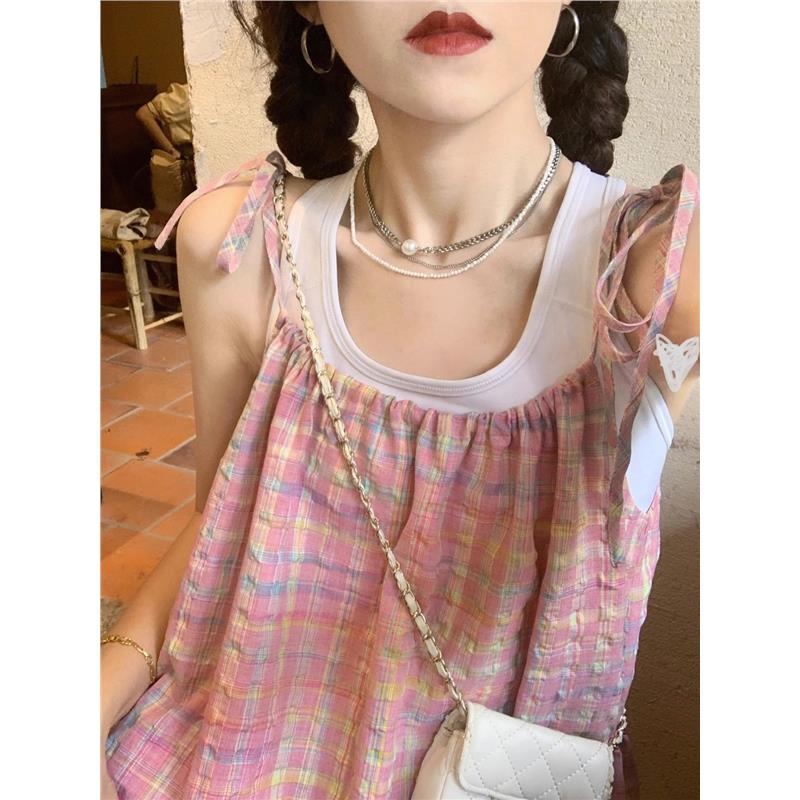 微醺甜糖 粉色格纹吊带绑带连衣裙女夏季宽松显瘦甜美可爱长裙子