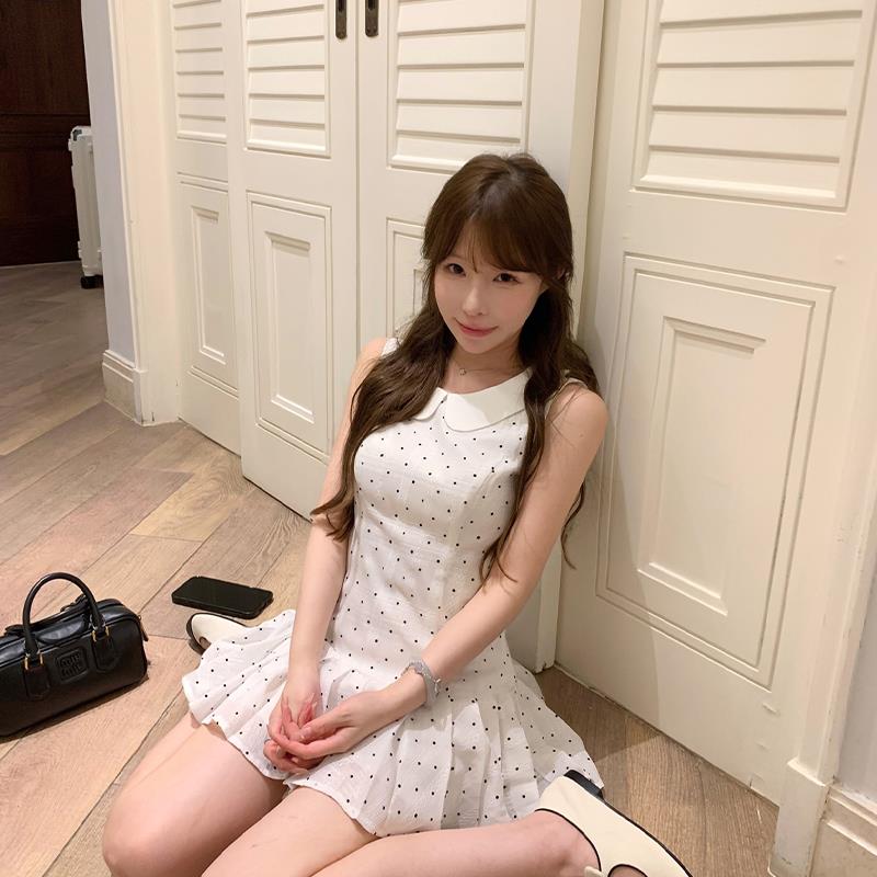 Lukira 奶油波点 初恋甜美娃娃领小白裙吊带连衣裙女夏短裙小个子