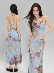 【静谧之地】比基尼长裙新款三件套分体高级钻石链条温泉度假泳衣