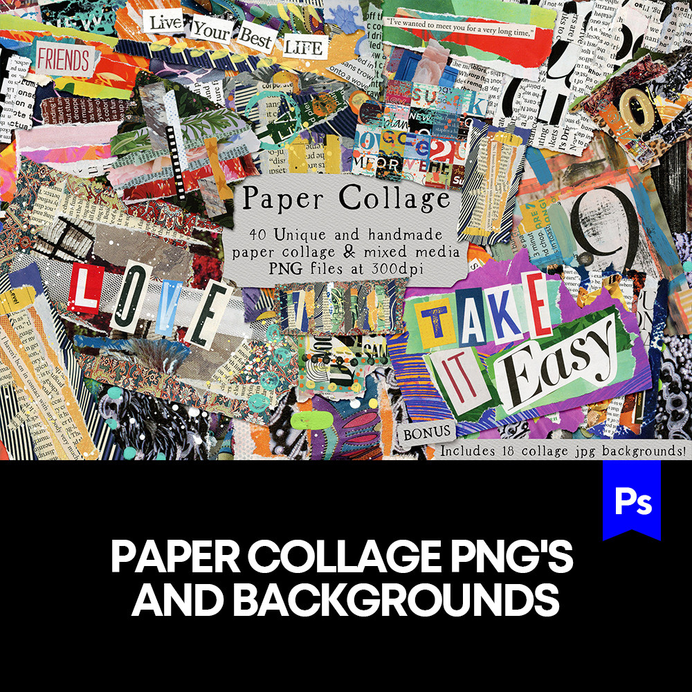 潮流复古抽象艺术做旧撕纸剪报拼贴背景底纹png免抠图片设计素材