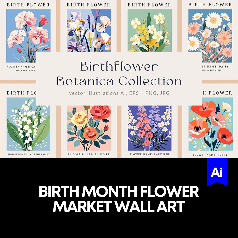 24款每月花卉绿植彩绘卡片设计墙壁艺术风格海报矢量格式EPS模版