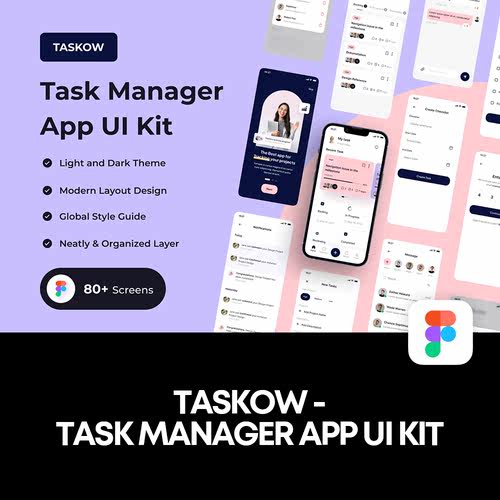 TASKOW80页现代APP应用项目管理UI界面设计套件排版版式FIgma格式