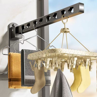 收缩折叠晾衣架收纳洗澡间墙上免打孔毛巾晾衣支架成衣挂杆置物架