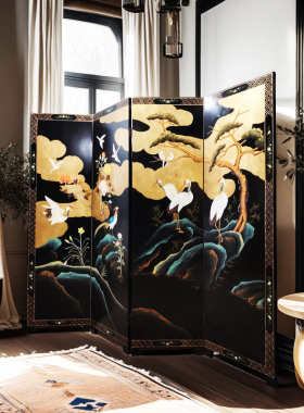 S224中古风实木屏风隔断客厅玄关装饰复古风古典家具纯手绘金箔