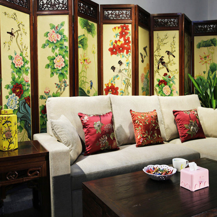 中式风格实木手绘折叠《四季花开》沙发电视背景酒店屏风家具玄关