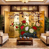 新中式 手绘漆画金箔屏风古典富贵花鸟折屏酒店会所客厅背景隔断