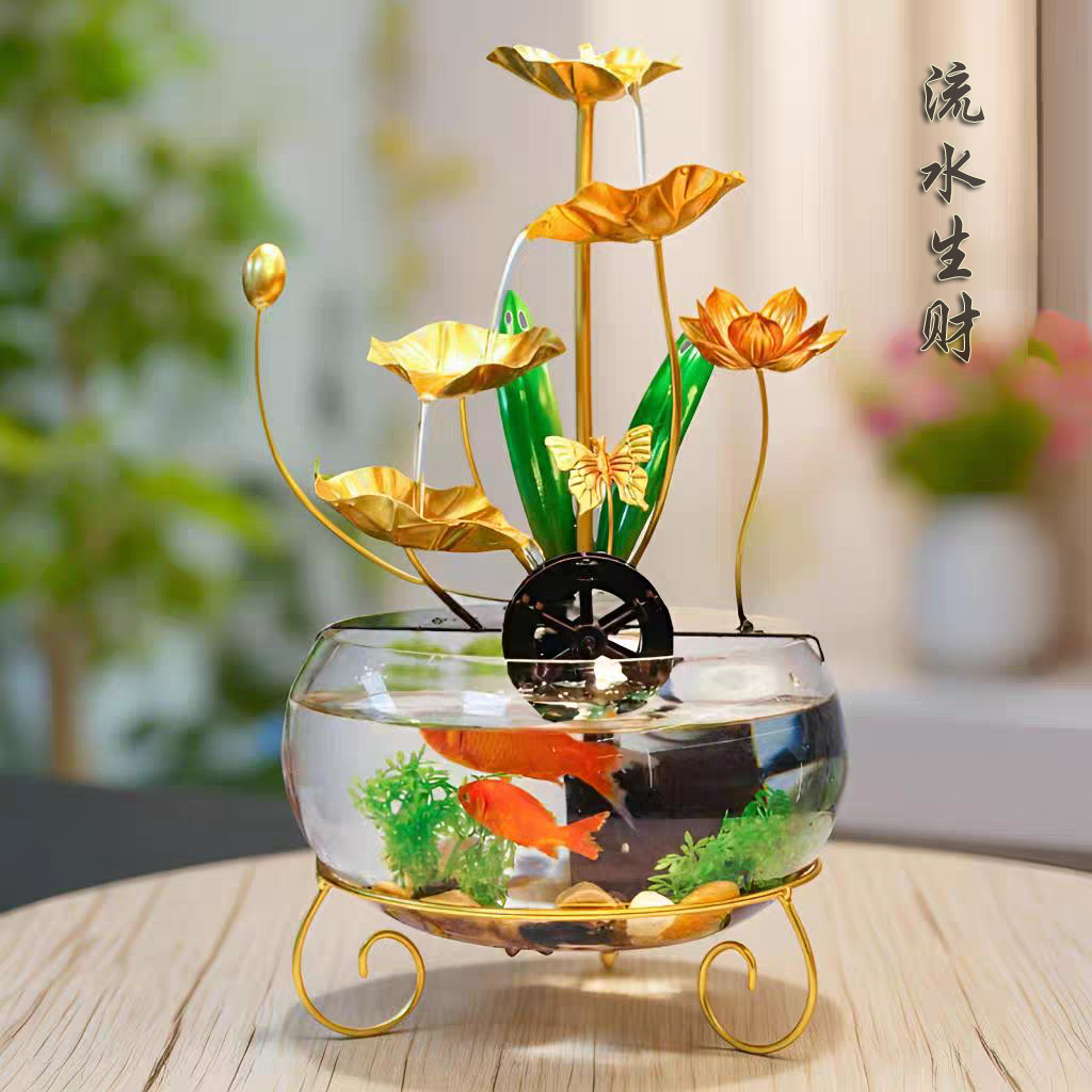 现代简约水循环流水摆件桌面LED照明可养鱼招财吉乔迁礼品装饰品