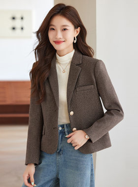 咖色短款毛呢小西装外套女秋冬季2024新款小个子长袖呢子西服春秋