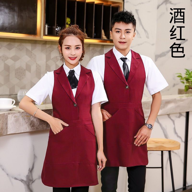西装翻领围裙中式酒店餐厅服务员防污工作服美甲前后双面围裙定制