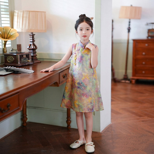 54115B女童新中式国风旗袍裙夏季日常穿立领盘扣印花无袖连衣裙
