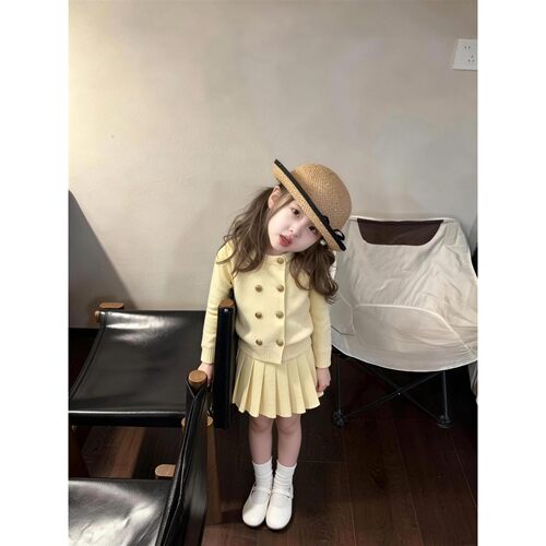 韩版女童套装2026秋季新款奶黄色针织女宝宝小香风毛衣开衫百褶裙
