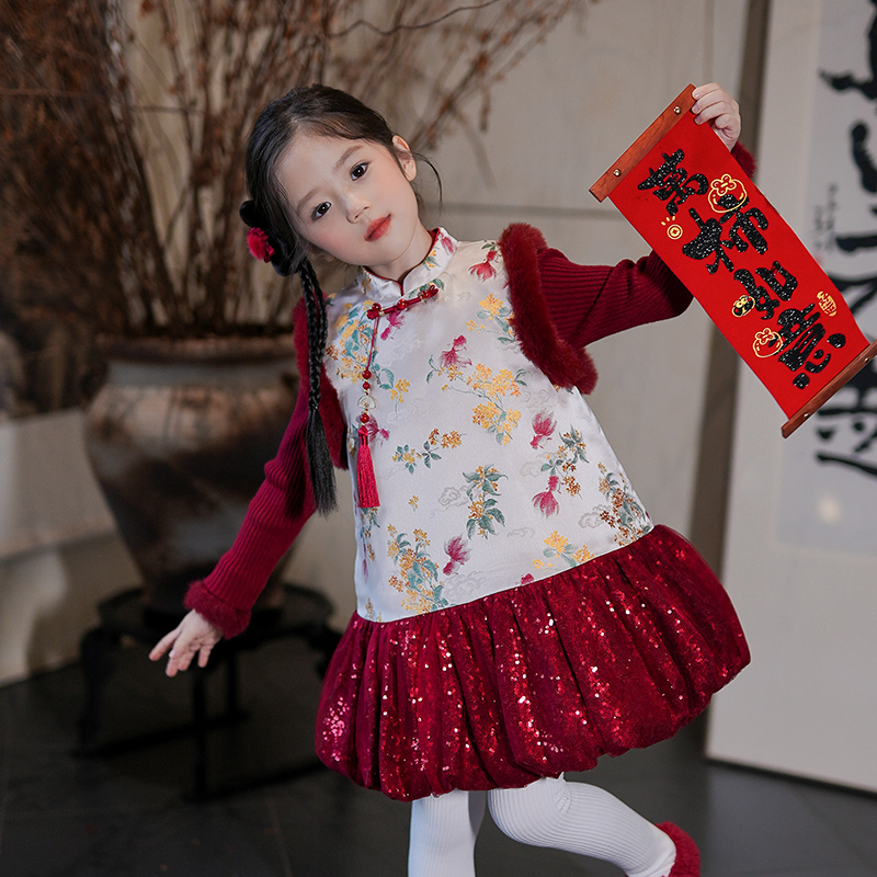 女童连衣裙新中式冬装汉服盘扣背心裙2025新款儿童国风拜年服裙子