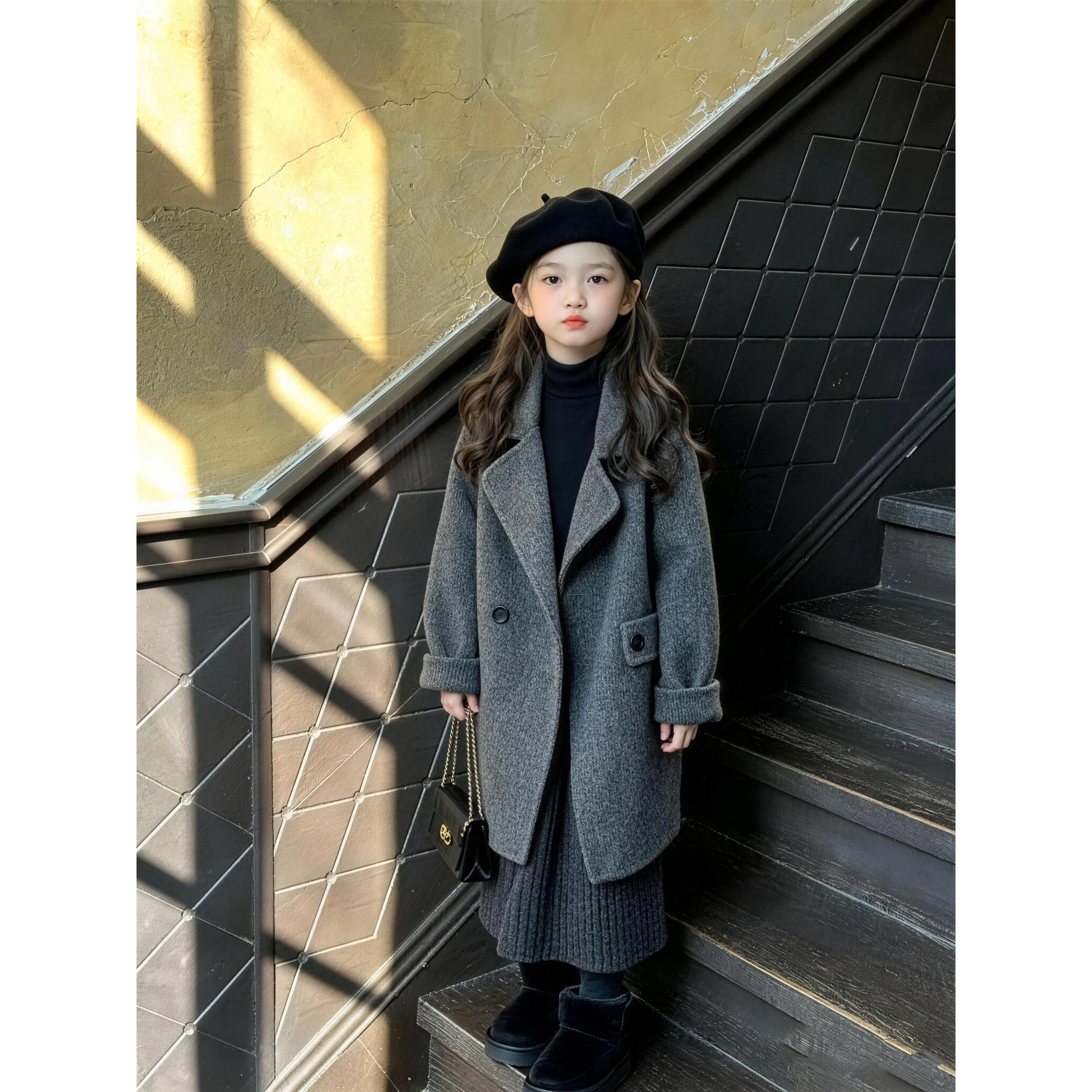 女童灰色双面呢大衣2026秋冬中长款双排扣呢子外套小女孩洋气大衣