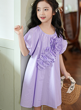 33069-1女童连衣裙夏季立体花朵甜美公主裙童装2025新款儿童裙子