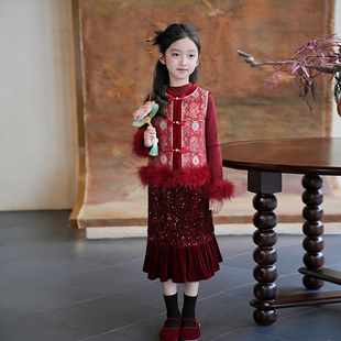 80957女童汉服套装2025冬季新款拜冬年服喜庆风儿童过年衣服唐装