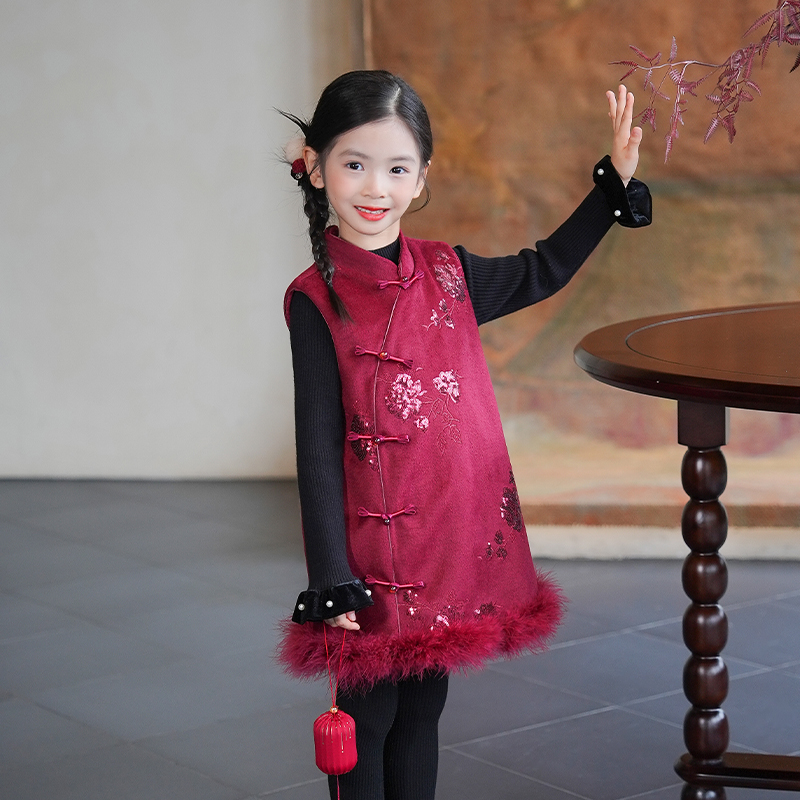 53414M女童国风新中式旗袍裙子拜年服2025冬季新款儿童古风连衣裙