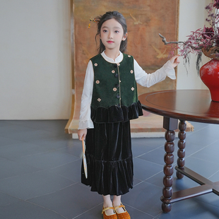 女童套装2026春季新款国风马甲新中式唐装外搭背心丝绒裙子两件套