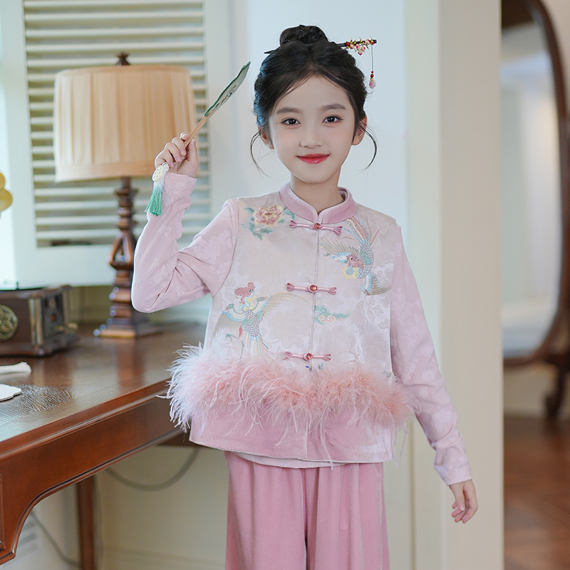 女童套装汉服马甲可拆卸驼鸟毛2025秋季新款中国风盘扣背心两件套