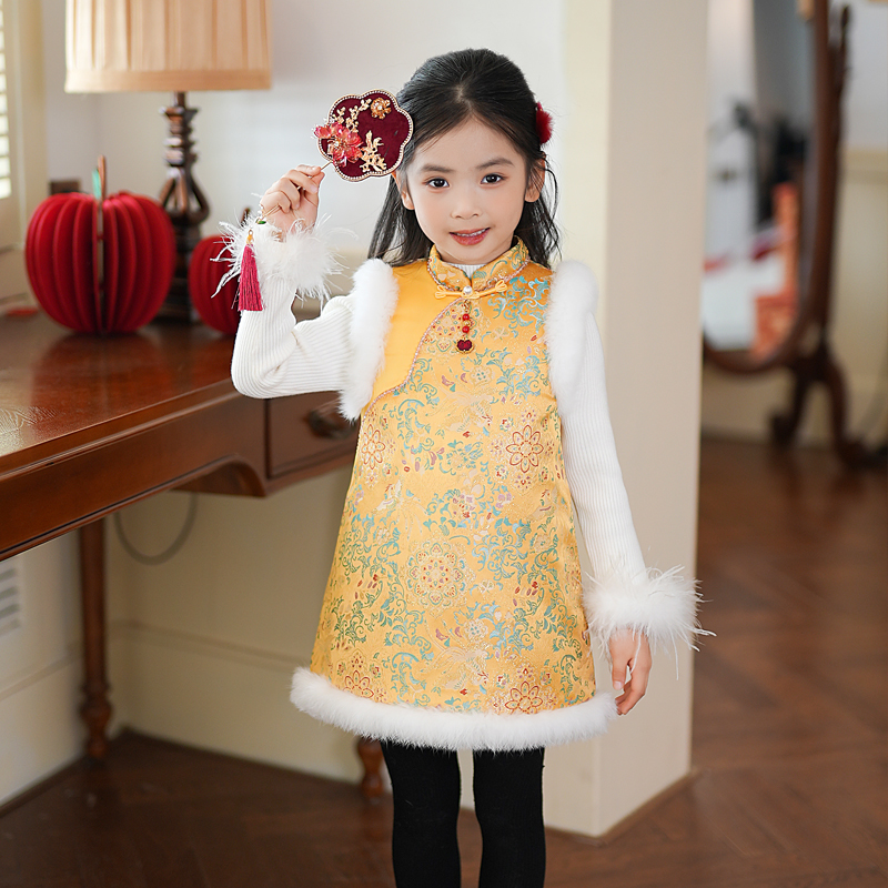 女童连衣裙2025冬季新款新中式改良旗袍裙子保暖汉服儿童背心裙