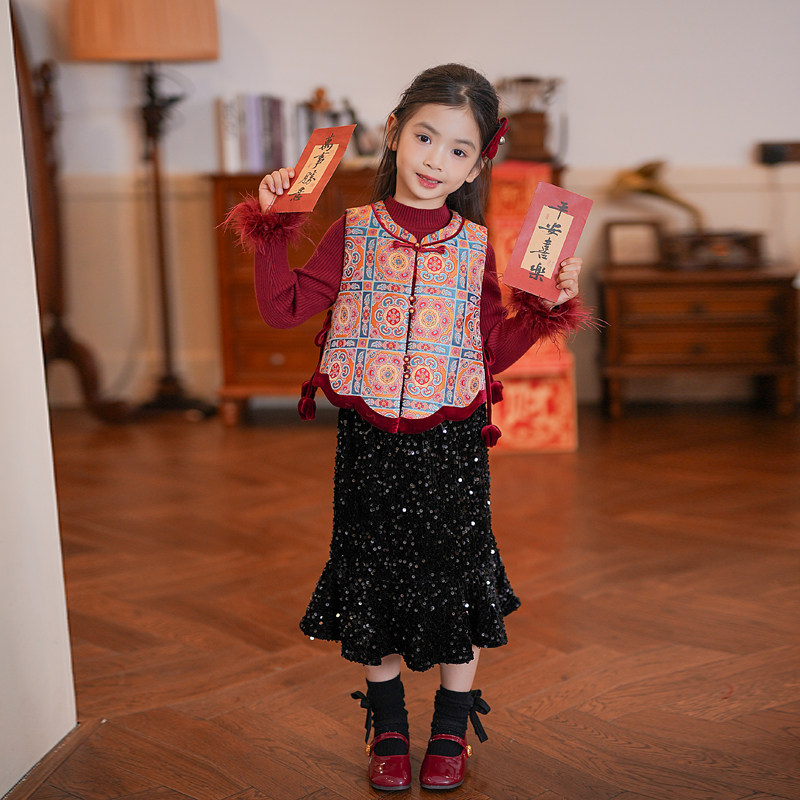 汉服女童套装2025款冬装新款新中式国风提花唐装马甲儿童两件套裙,童装/婴儿装/亲子装,汉服,淘宝优惠券,粉丝福利购,淘宝优惠卷