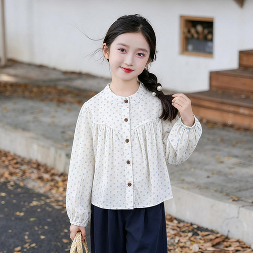 女童衬衫2026秋季新款米白色蓝色波点立领碎花衬衣儿童长袖上衣