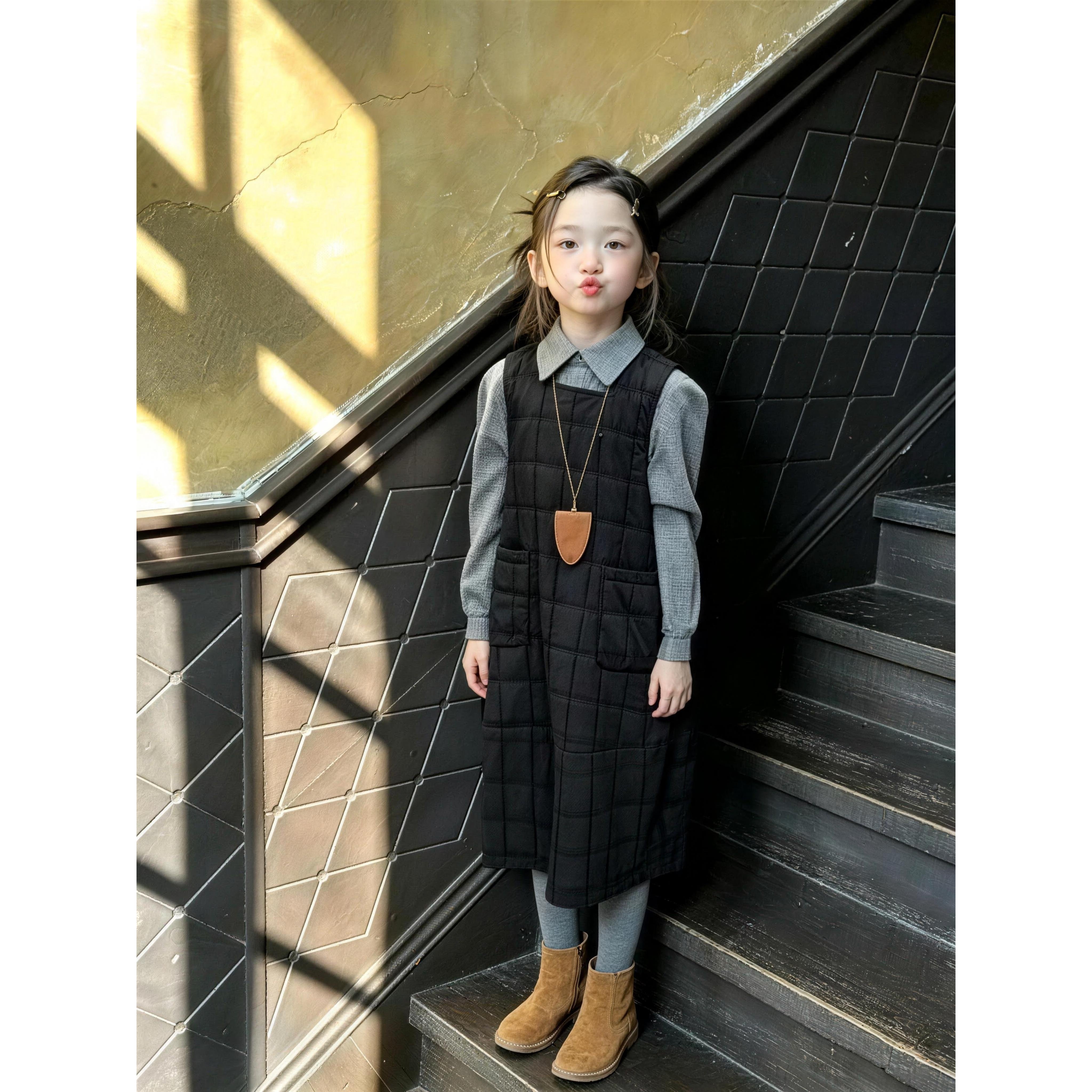 女童秋冬菱格夹棉背心裙韩系宽松无袖中长款棉马甲裙复古背带裙子