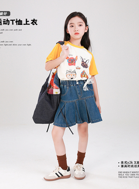 80604女童T恤短袖童装撞色设计感插肩袖衣服2025夏季新款上衣裙子