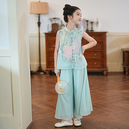 53843女童夏装套装2026新款儿童夏中国风流苏背心夏装古装两件套