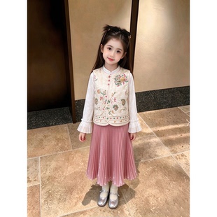 女童新中式刺绣马甲套装春秋立领盘扣百褶裙牛仔阔腿裤国风童装