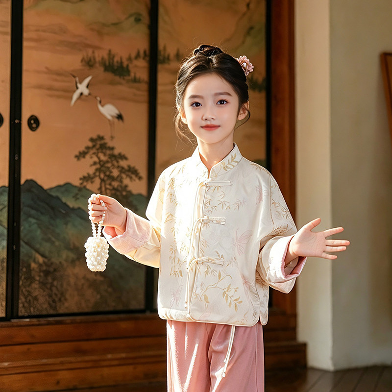 汉服女童2026新款古新中式竹叶上衣粉色阔腿裤古筝国学服演出服图片